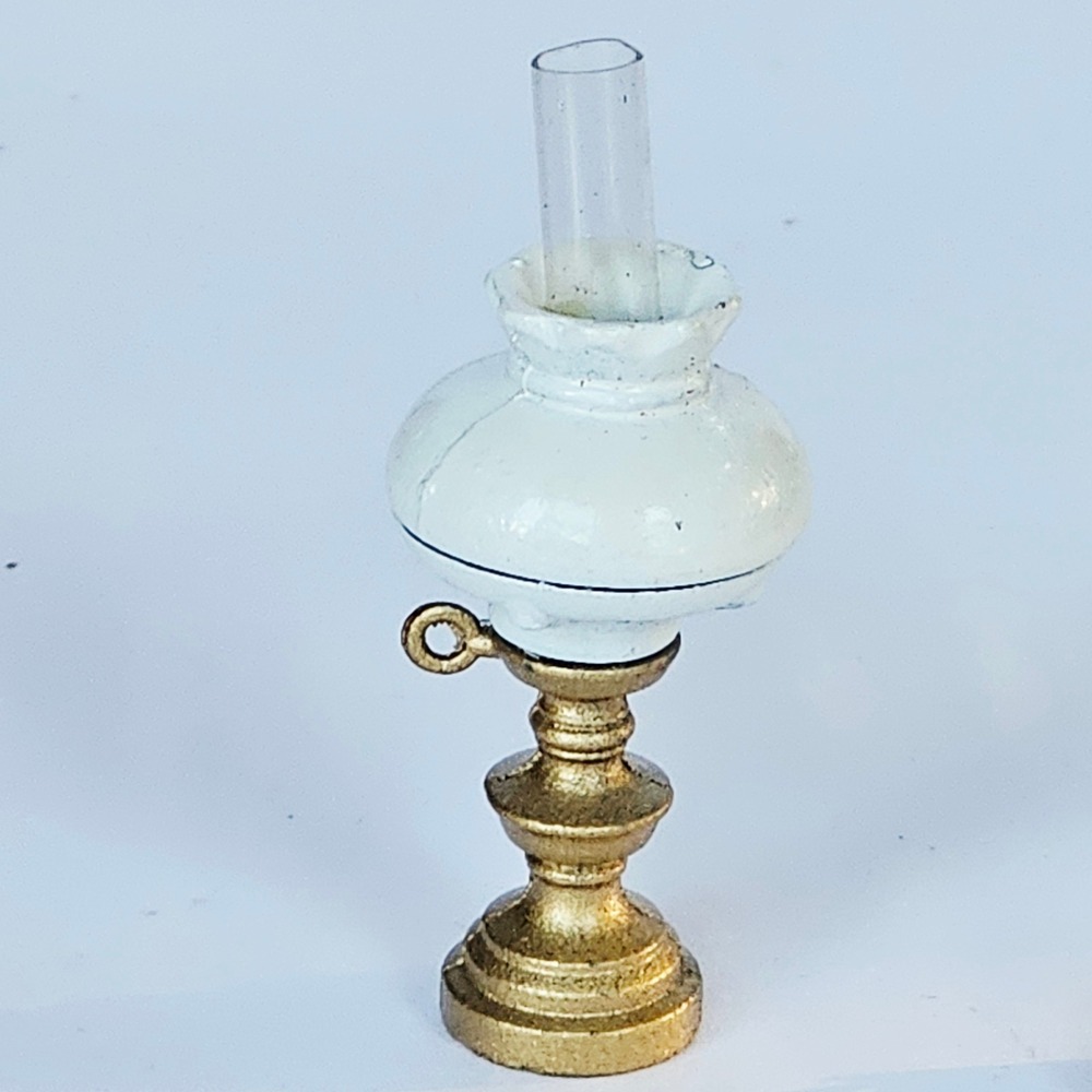 Vtg Victorian Mini Dollhouse Brass Oil Lamp Perfume Bottle Mirrored Tray Set - Picture 7 of 8